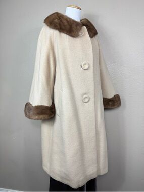 Forstmann tan Wool Penny Lane Coat Real Mink Fur Trim